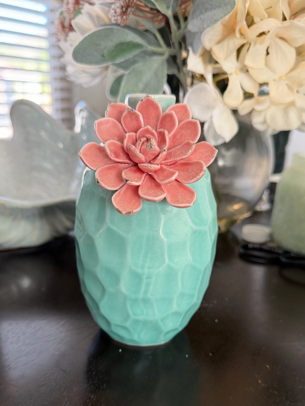 Ceramic Aqua Vase with Pink Succulent Accent - Home Accents